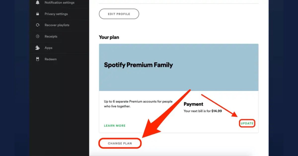 how to change the payment method on spotify